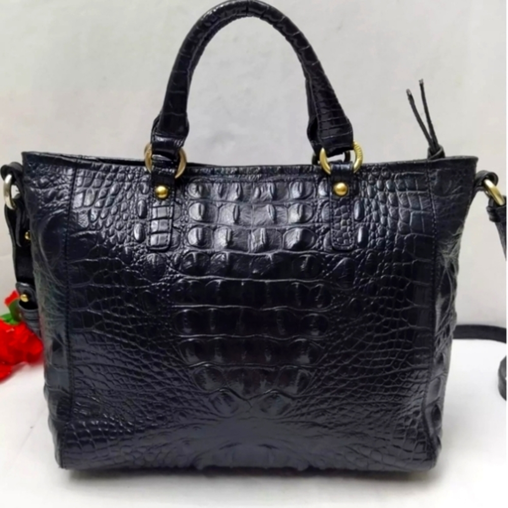 Brahmin Asher Black Crocodile-Embossed Leather Satchel/CB with Gold Hardware EUC